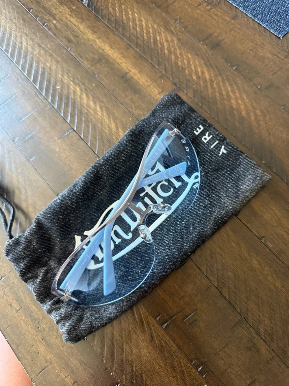 Von Dutch x AIRE Bombshell Gold Baby Blue Shield Rimless Sunglasses y2k